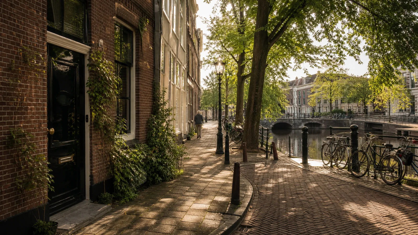 realistische visual van smalle Haarlemse straatjes, gevelritme en een rustige looplijn
