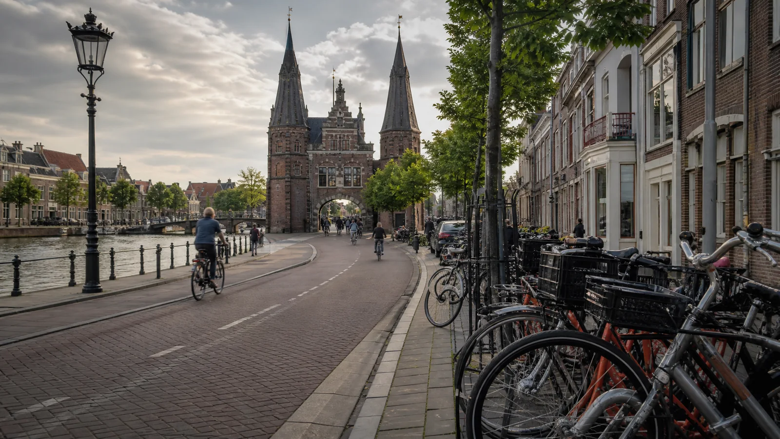 Realistische Haarlem-visual met gevelritme, waterlijn en rustige fiets- en looplijnen