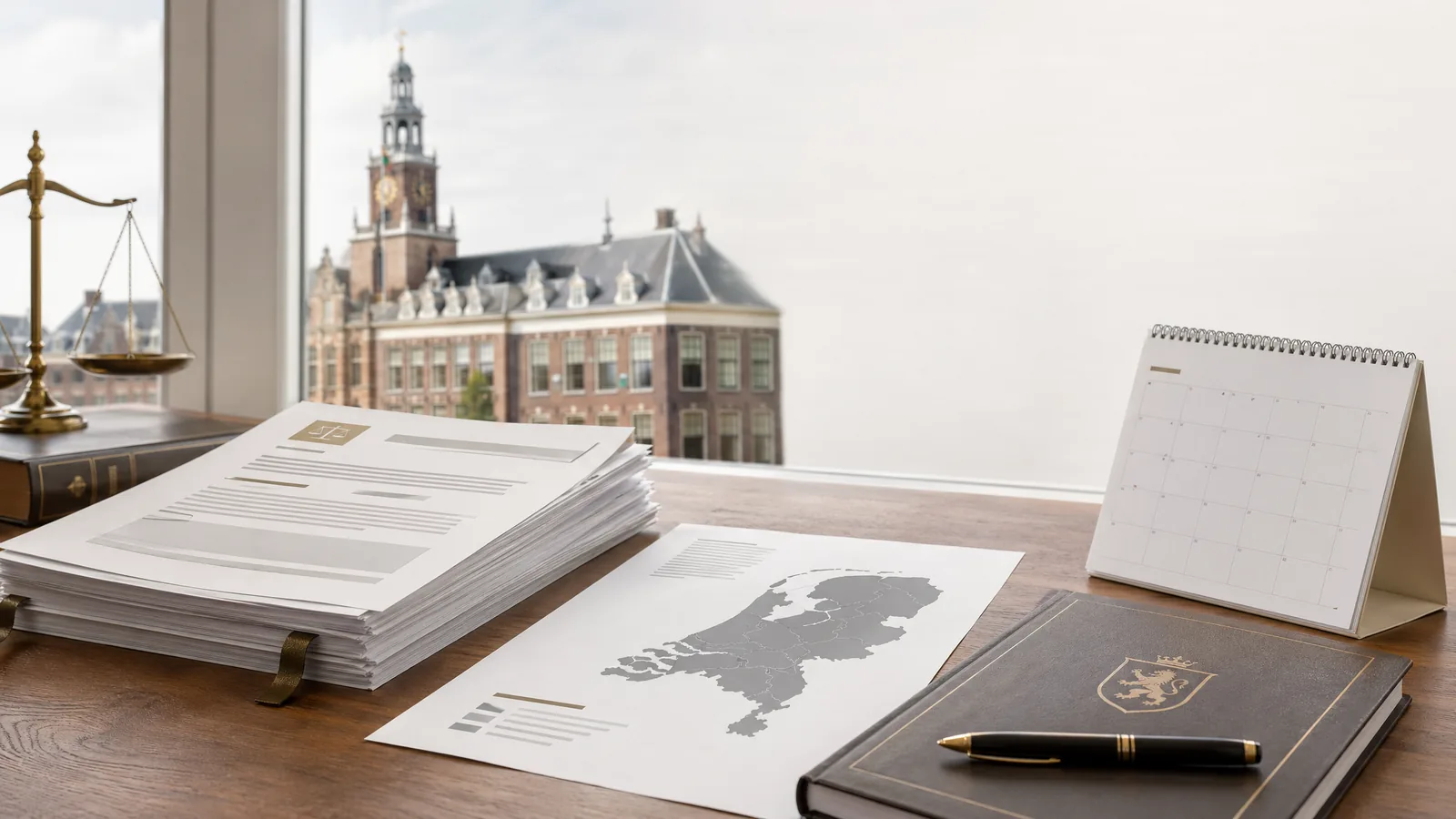 Nederlandse beleidsdocumenten met kaart en kalender op bureau