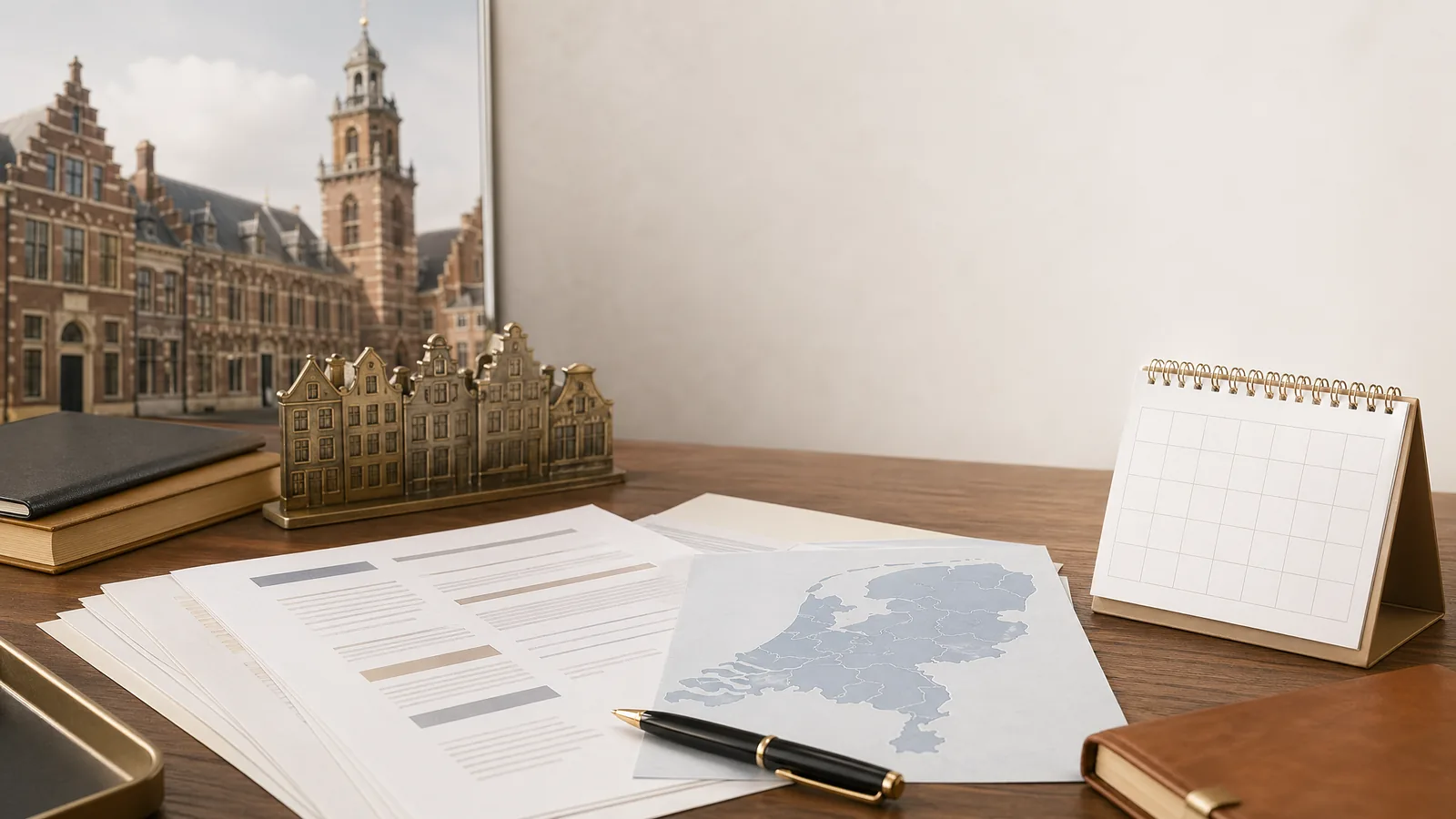 Nederlandse beleidsdocumenten met kaart en kalender op bureau