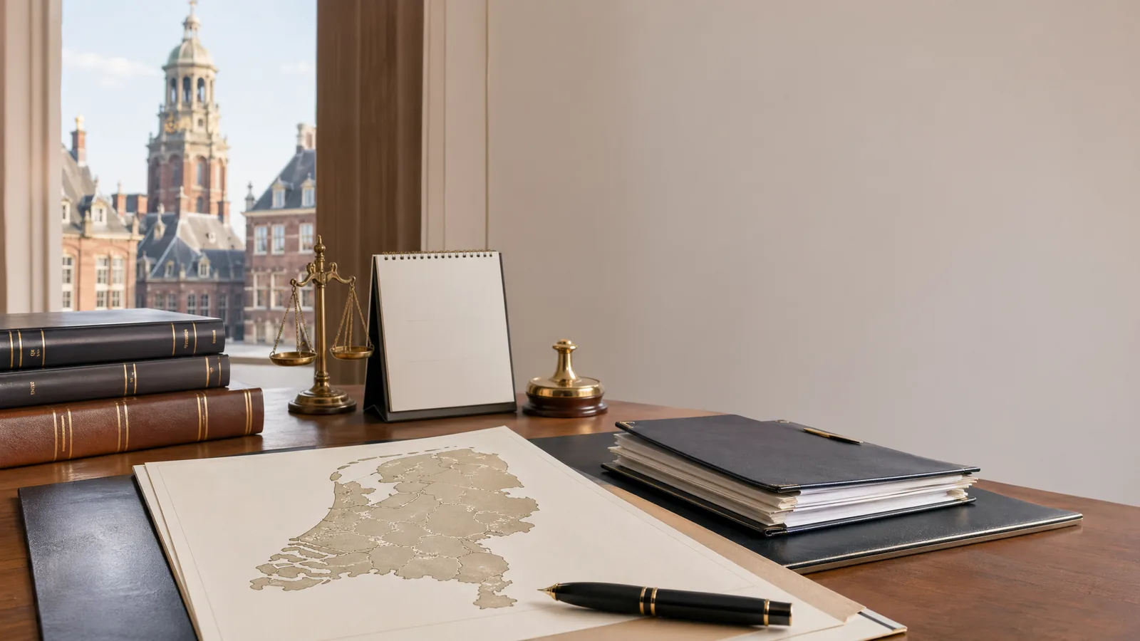 Nederlandse beleidsdocumenten met kaart en kalender op bureau
