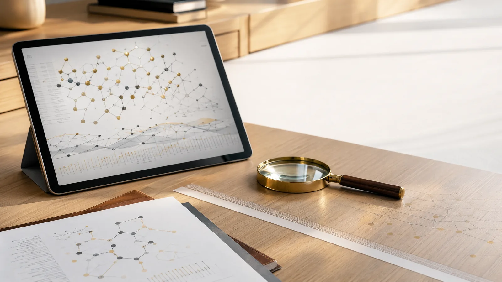 Laboratoriumrapport met abstracte meetgegevens op bureau