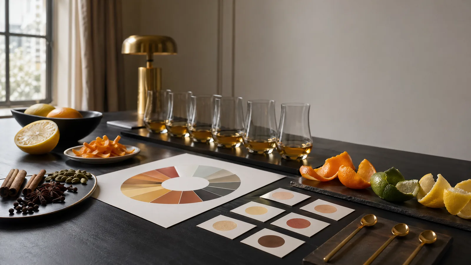 Sensorische tafel met kleurstalen en aroma-elementen