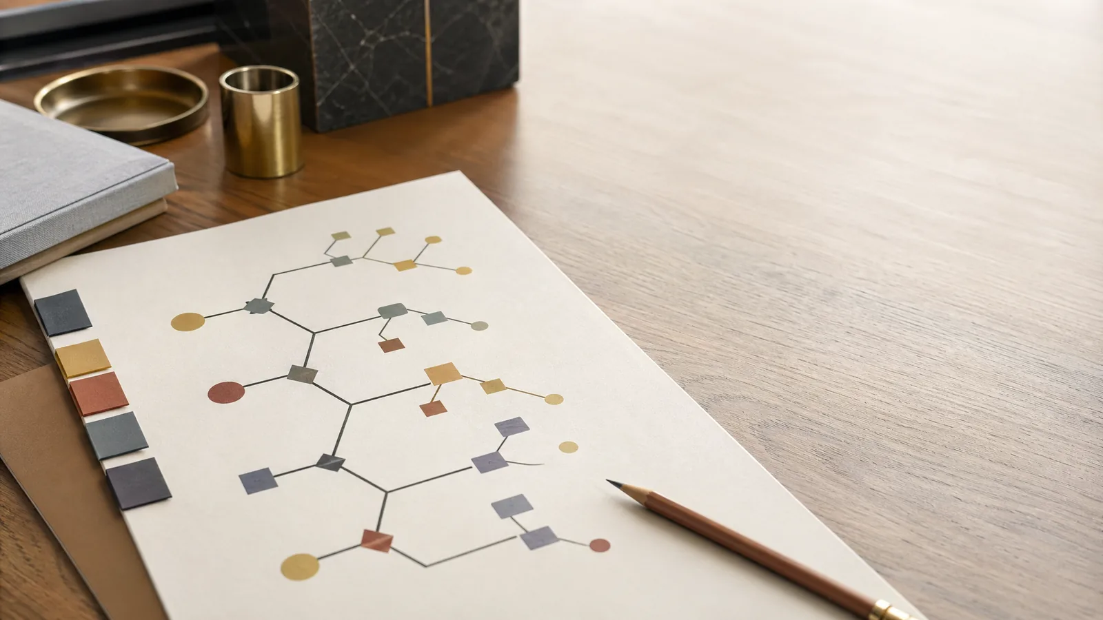 Abstracte beslisboom met gekleurde tabs en potlood