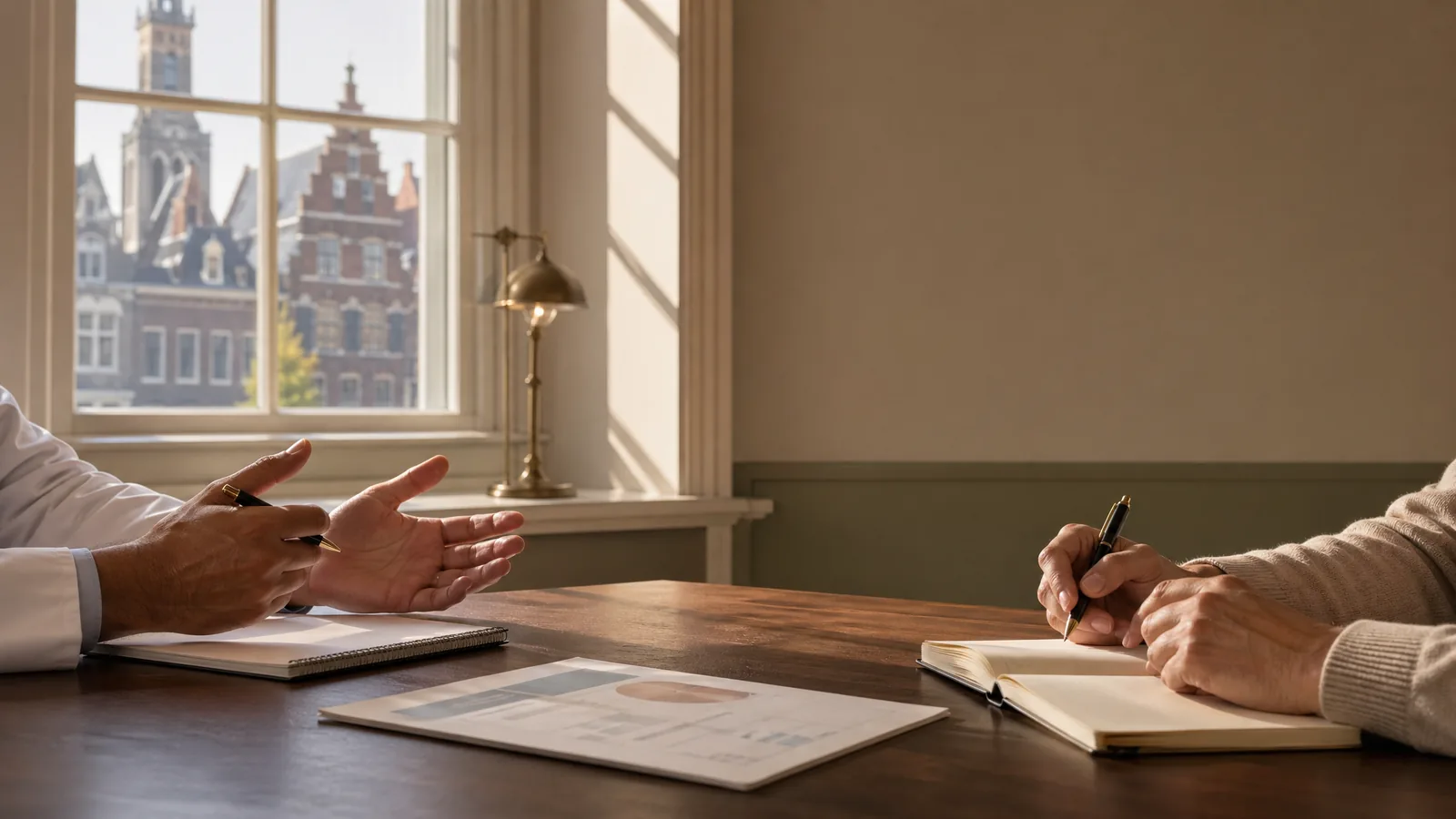 Arts en bezoeker bespreken informatie aan een rustig bureau