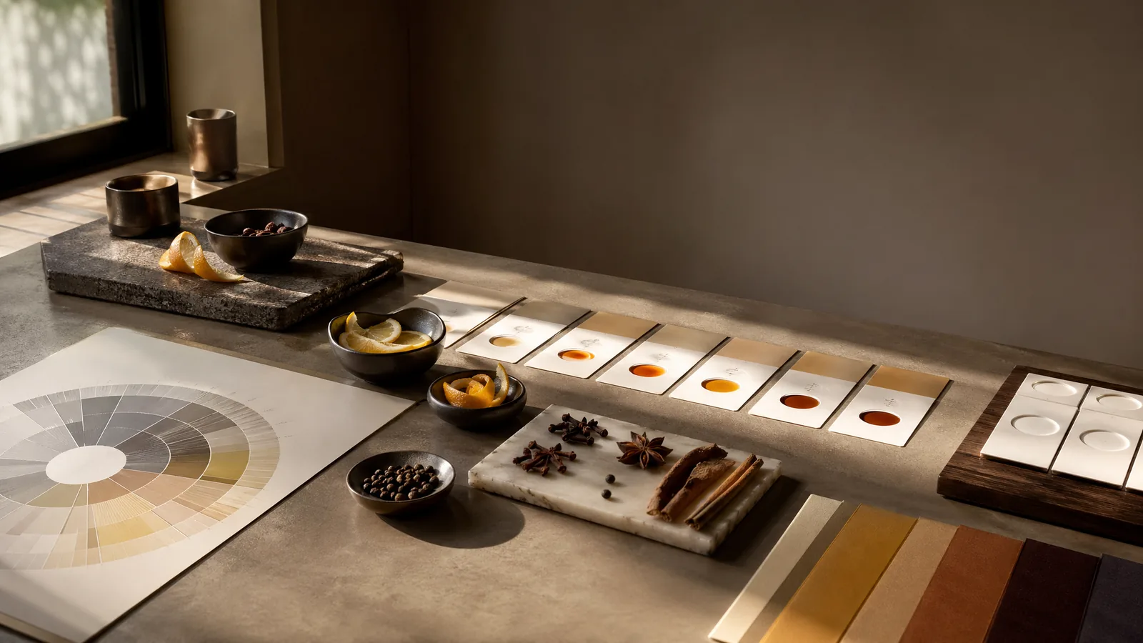 Sensorische tafel met kleurstalen en aroma-elementen