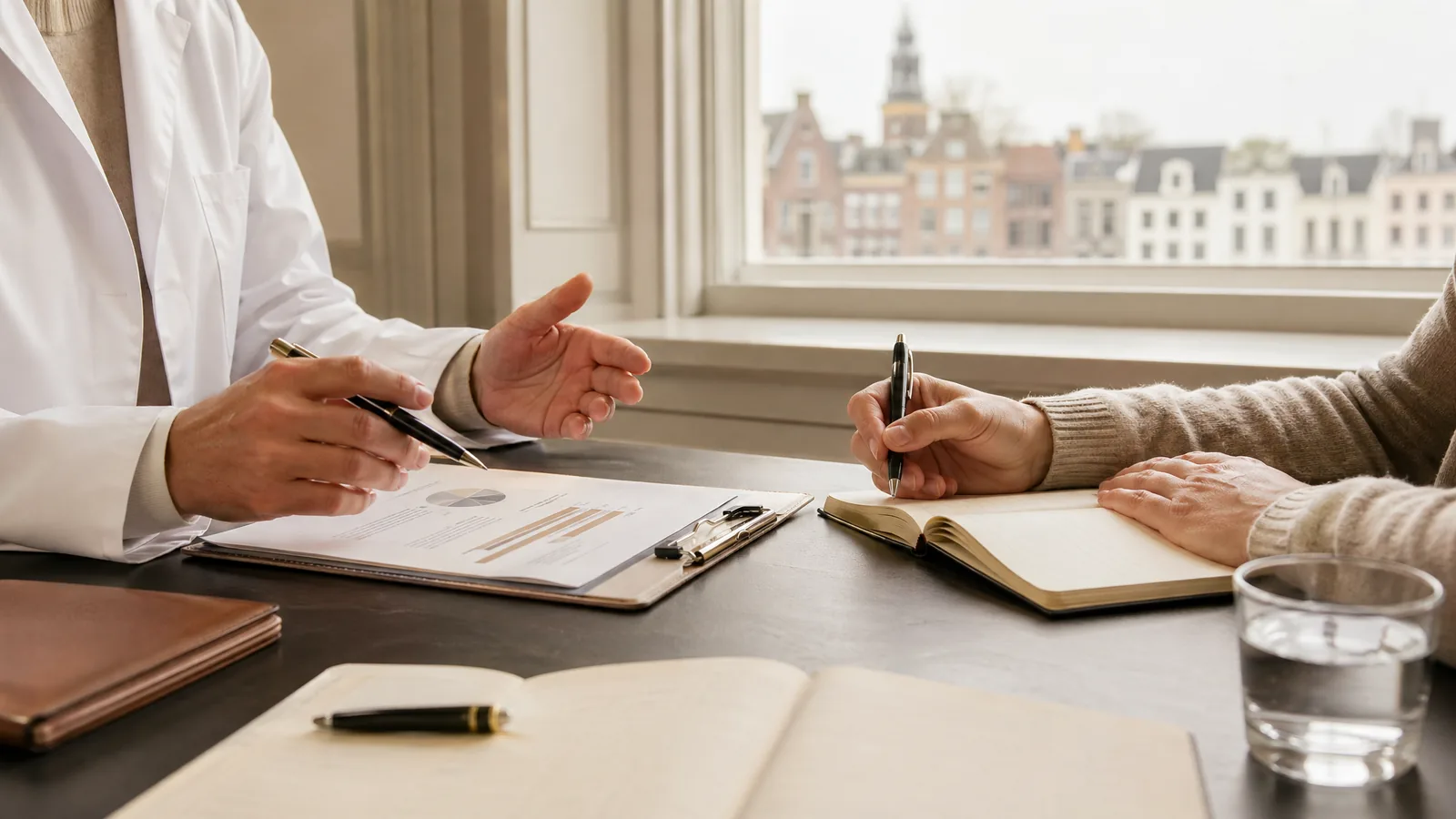 Arts en bezoeker bespreken informatie aan een rustig bureau
