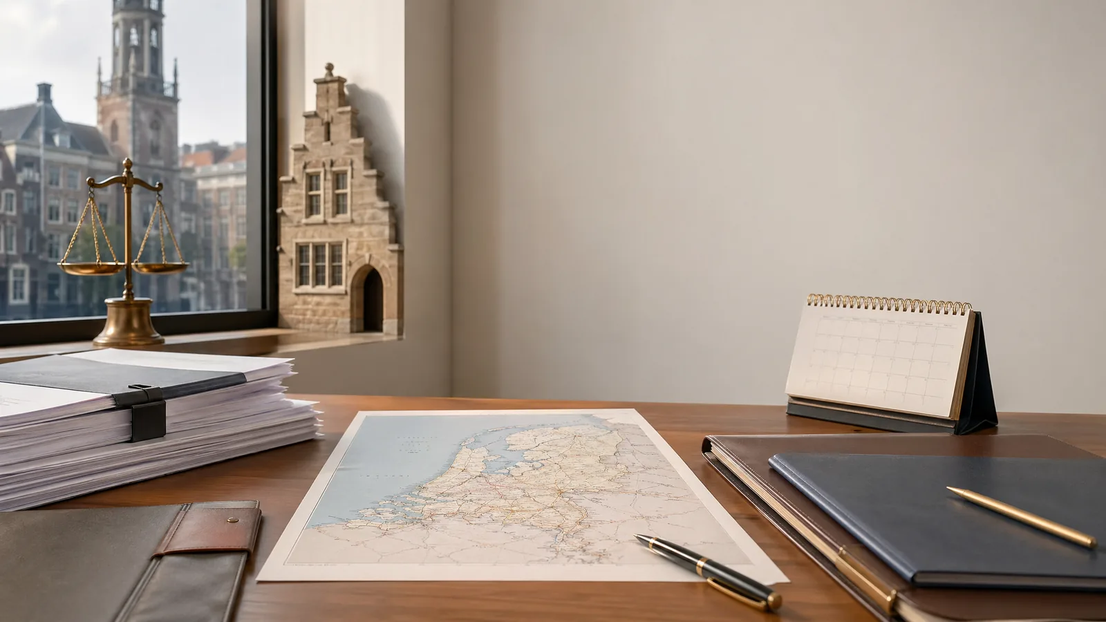 Nederlandse beleidsdocumenten met kaart en kalender op bureau