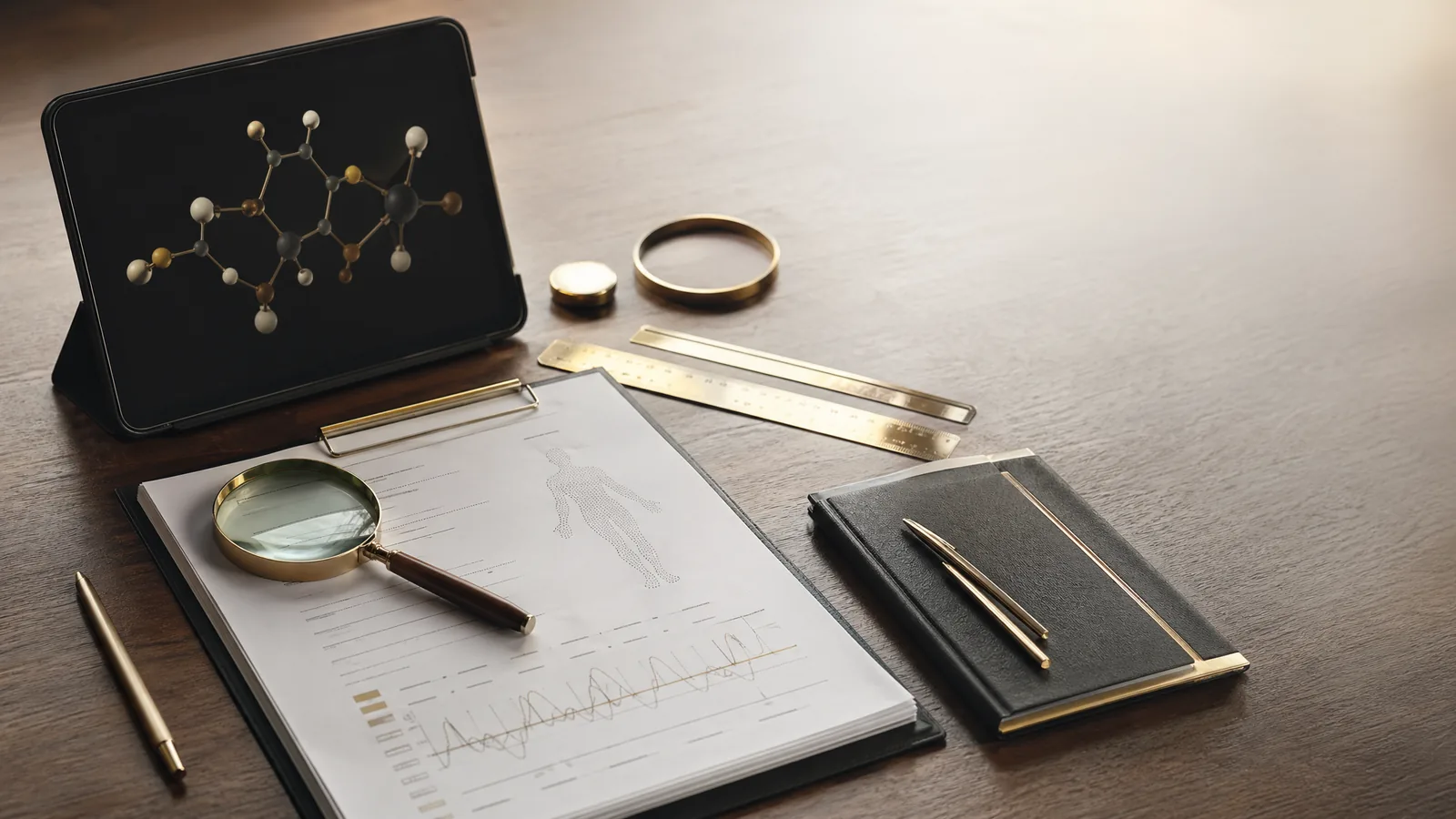 Laboratoriumrapport met abstracte meetgegevens op bureau