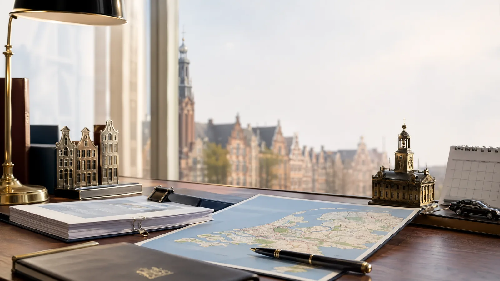 Nederlandse beleidsdocumenten met kaart en kalender op bureau