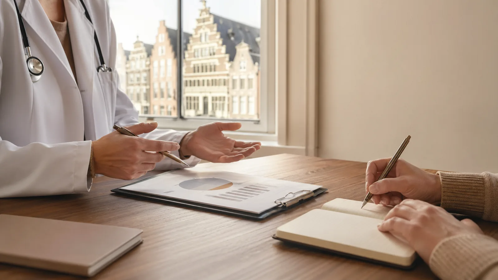 Arts en bezoeker bespreken informatie aan een rustig bureau