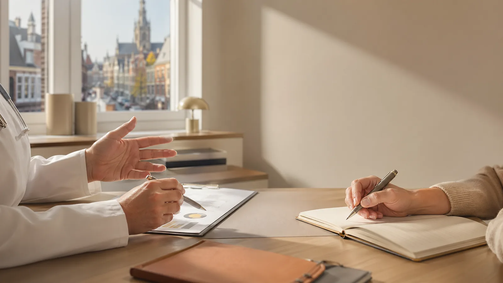 Arts en bezoeker bespreken informatie aan een rustig bureau