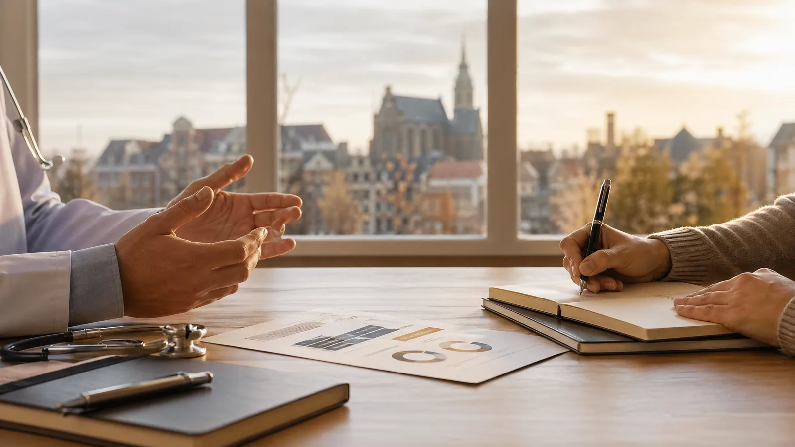 Arts en bezoeker bespreken informatie aan een rustig bureau