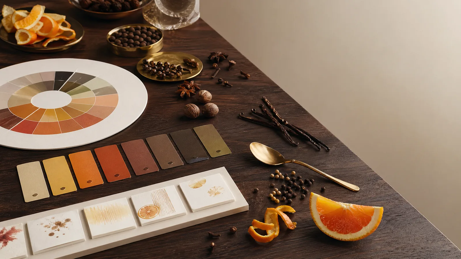 Sensorische tafel met kleurstalen en aroma-elementen