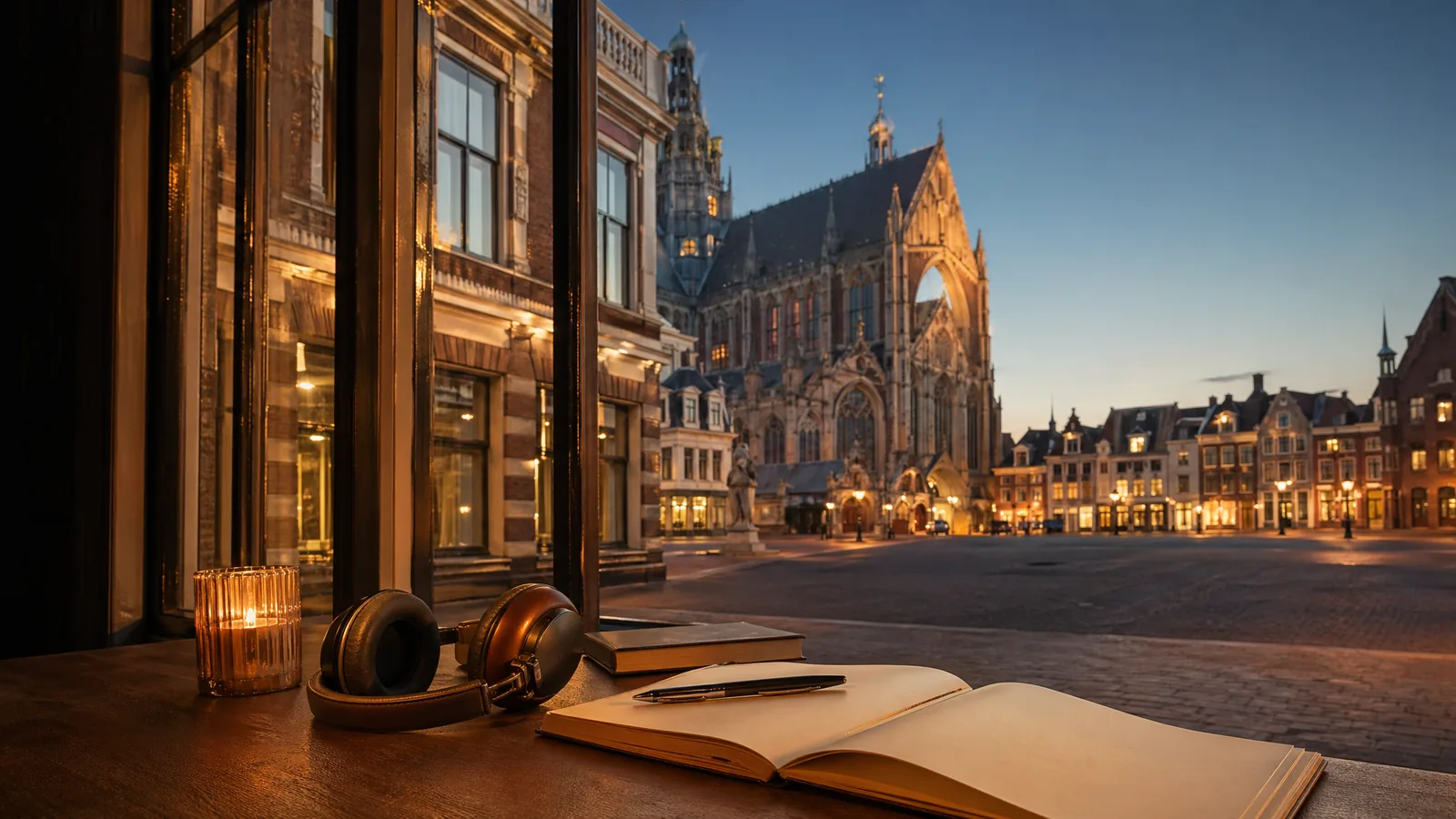 Haarlemse avondscene met notitieboek en culturele details