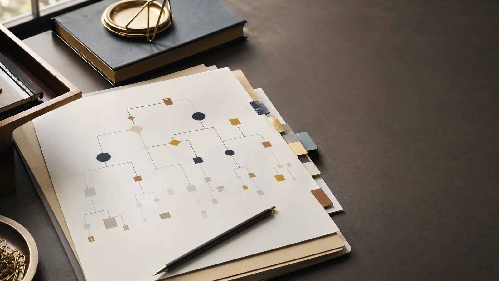 Abstracte beslisboom met gekleurde tabs en potlood