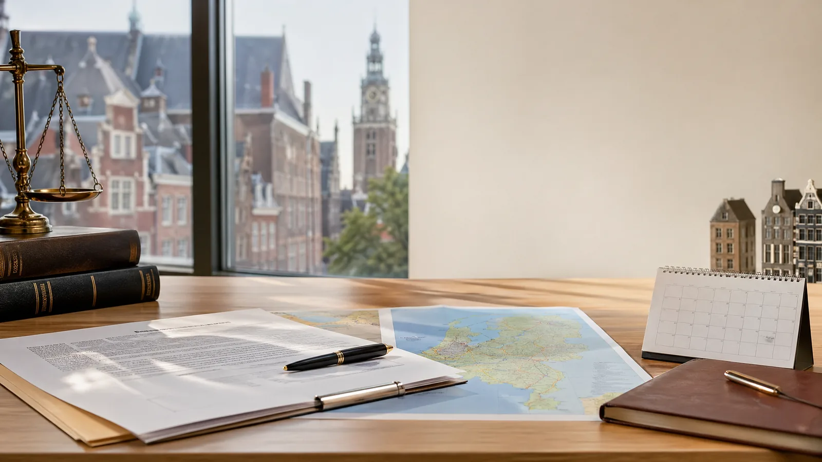 Nederlandse beleidsdocumenten met kaart en kalender op bureau