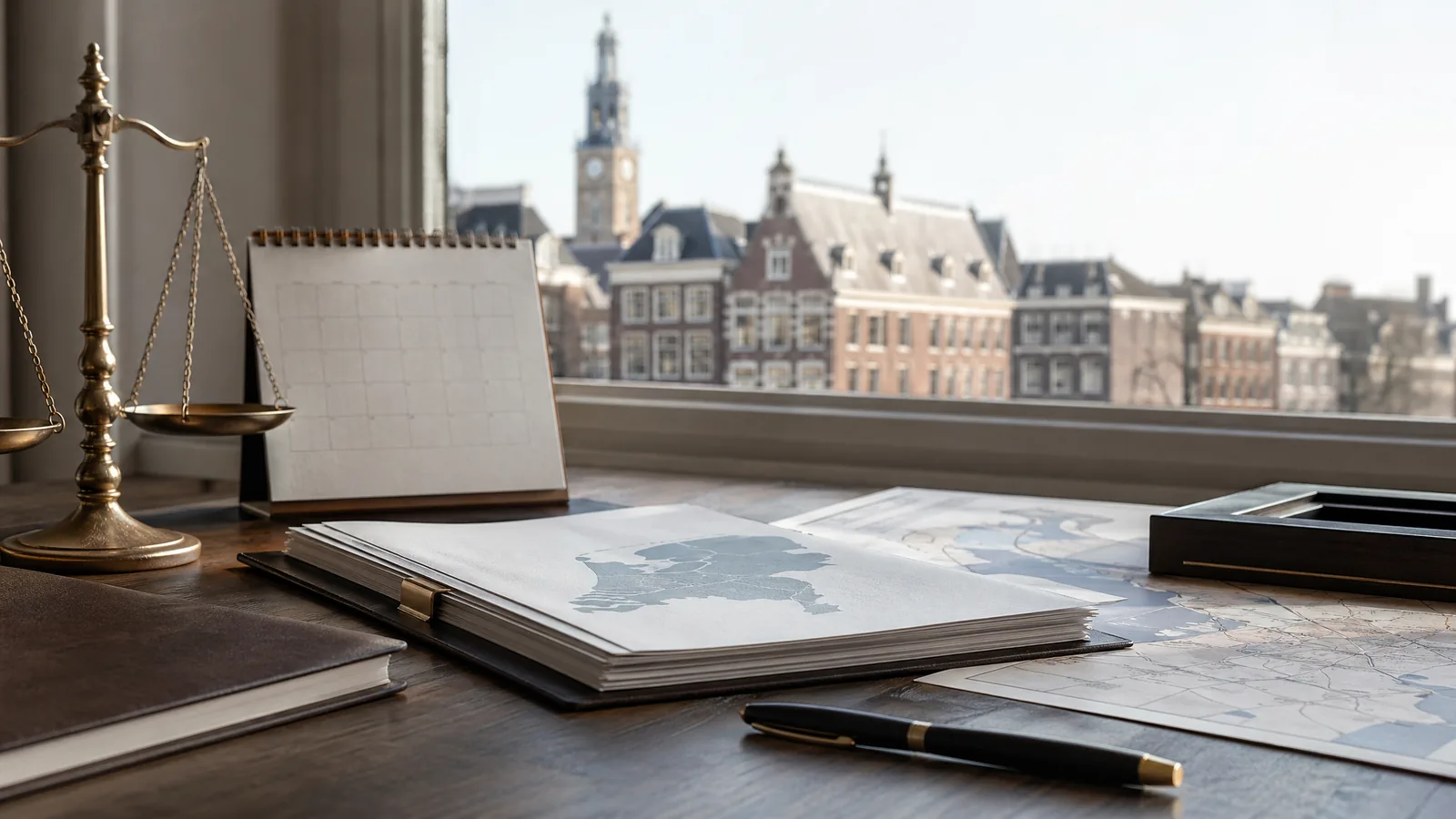 Nederlandse beleidsdocumenten met kaart en kalender op bureau