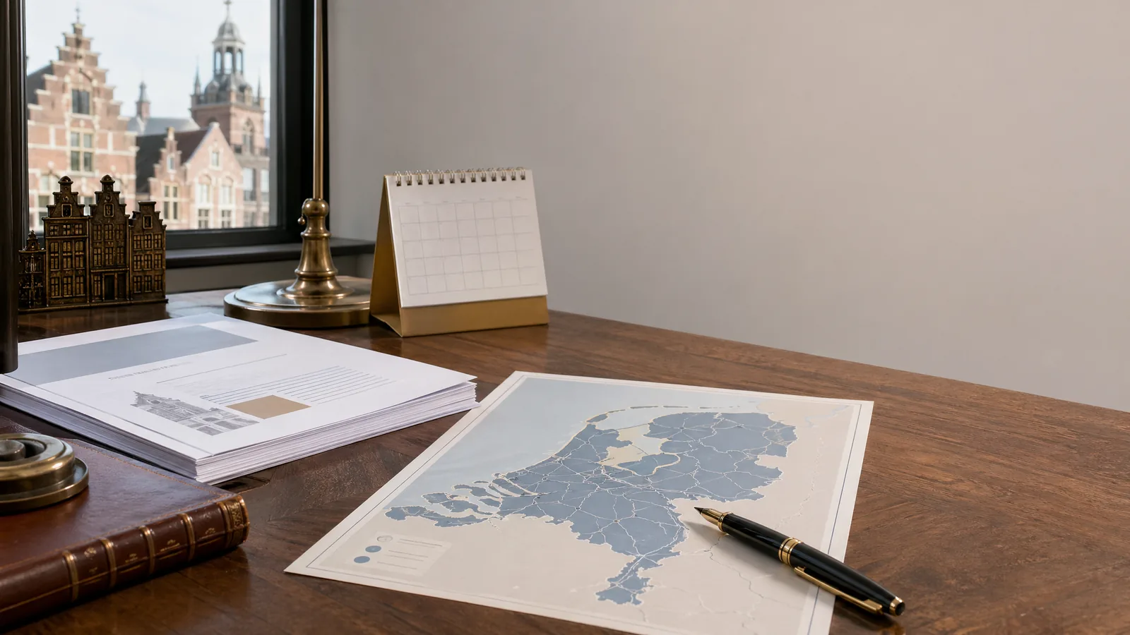Nederlandse beleidsdocumenten met kaart en kalender op bureau
