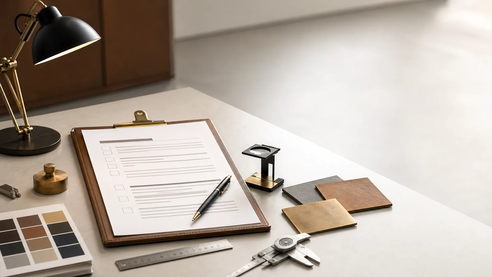 Kwaliteitscontrole met checklist en kleurstalen op schone werktafel