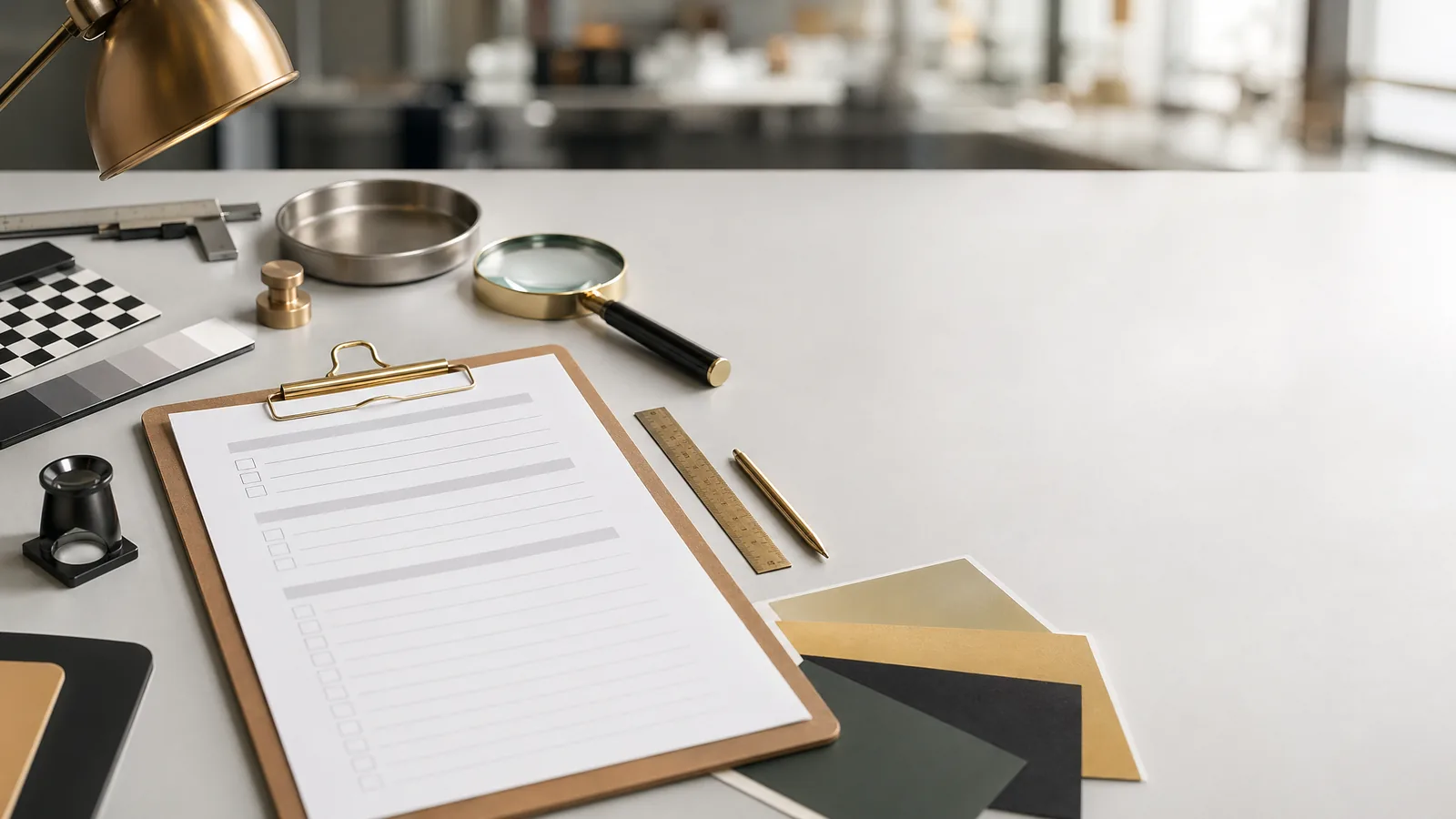 Kwaliteitscontrole met checklist en kleurstalen op schone werktafel