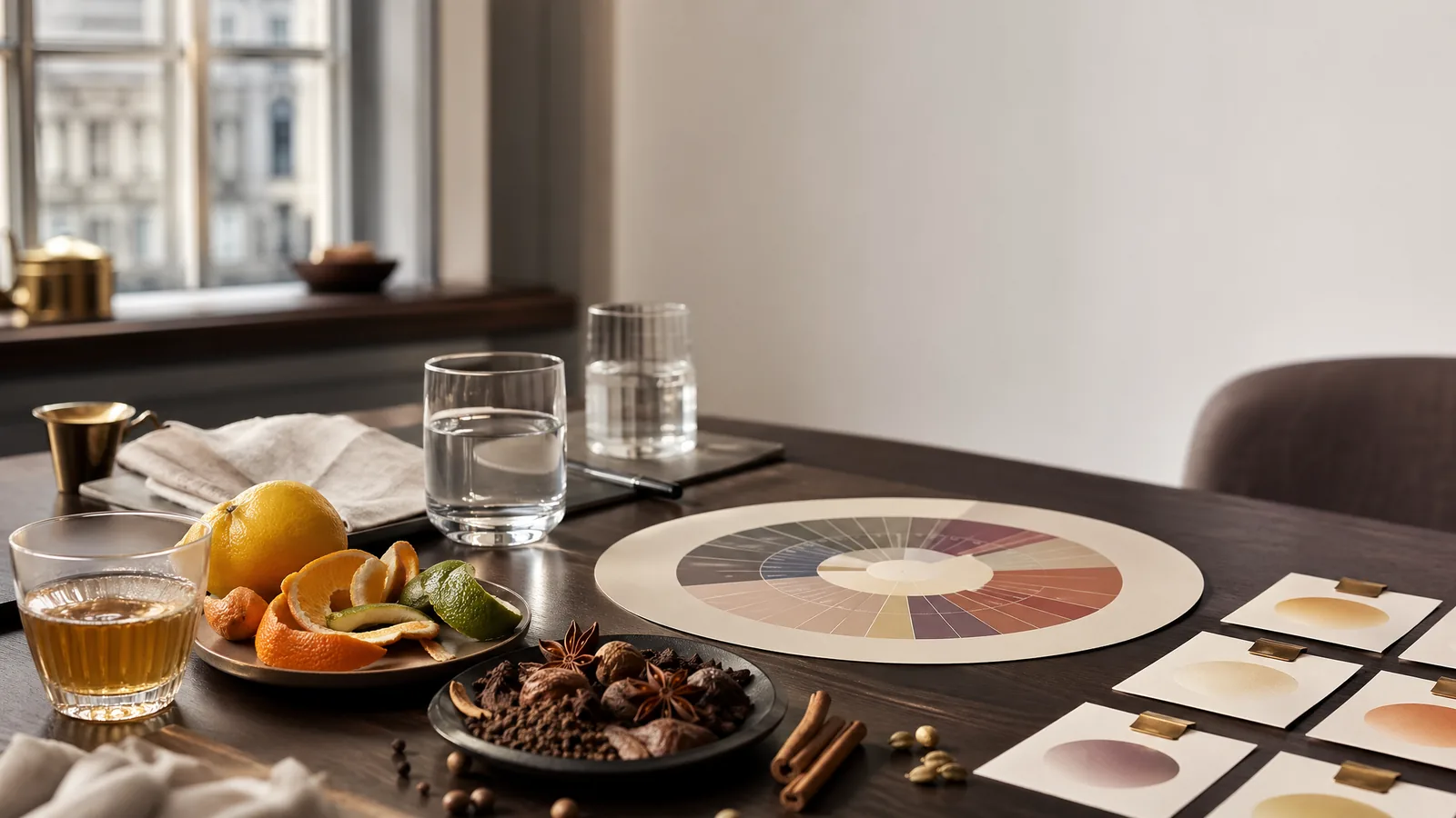 Sensorische tafel met kleurstalen en aroma-elementen