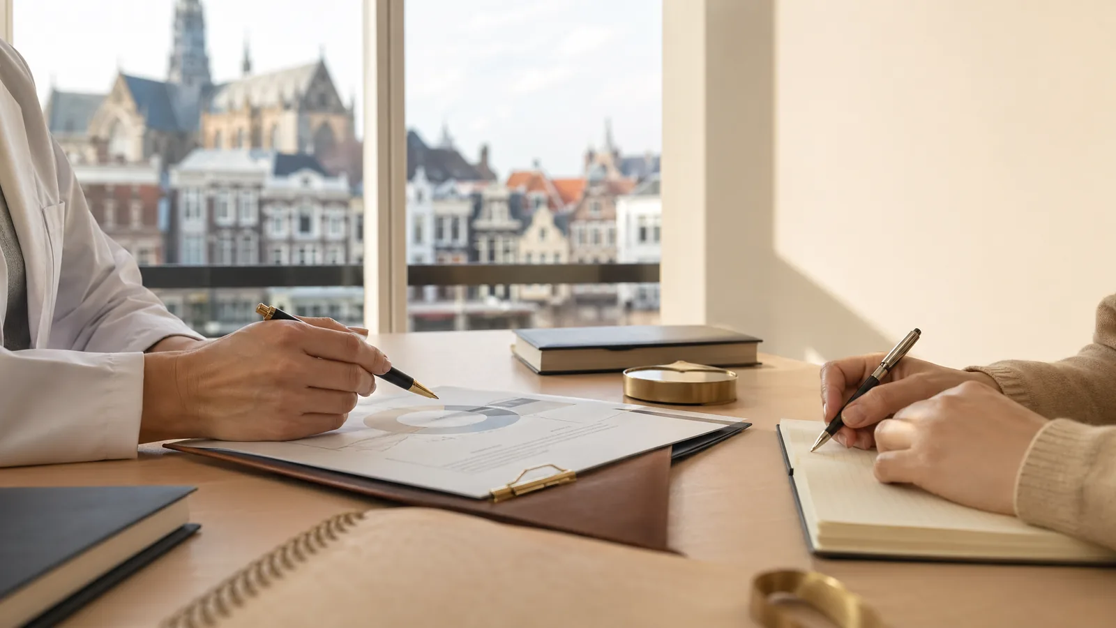 Arts en bezoeker bespreken informatie aan een rustig bureau